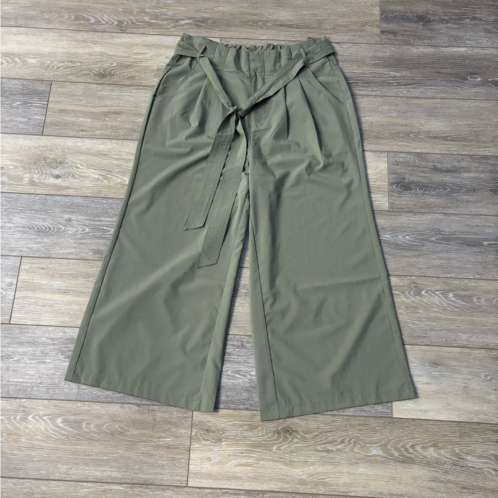 Thread And Supply Pants Sz M Cropped Wide Leg Olive Green Bag Waist Sash